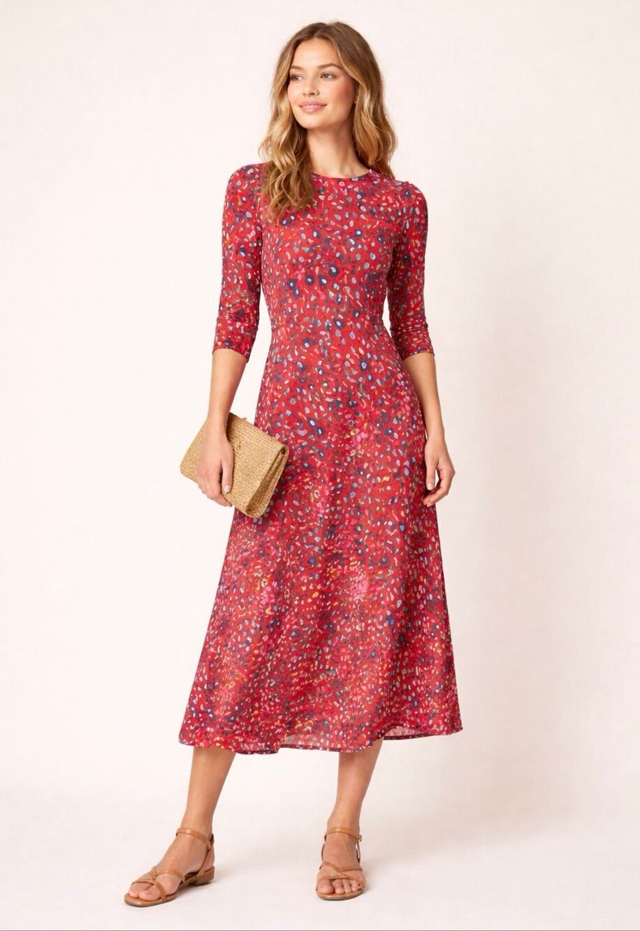 Boden Red Pink Blue Floral Leopard Print Midi Tea Dress 3/4 Sleeve NWT 2R